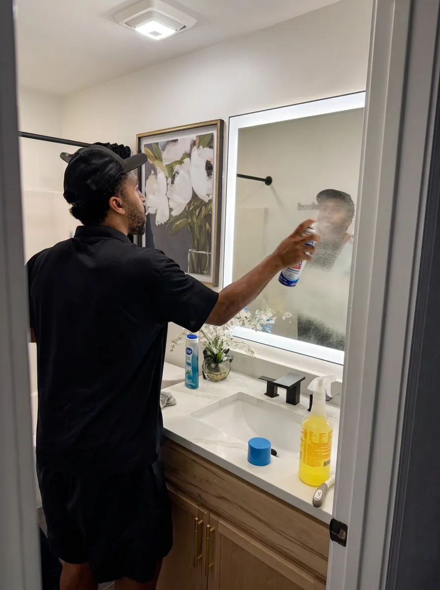 Cleaner hand-cleaning a bathroom mirror during a Rinse & Rise Atlanta visit
