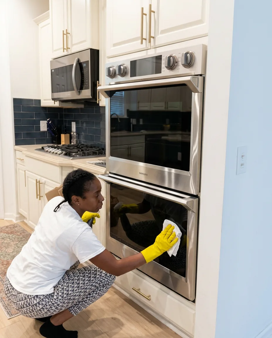 Rinse & Rise Atlanta cleaning professional detailing an oven in an Atlanta home kitchen