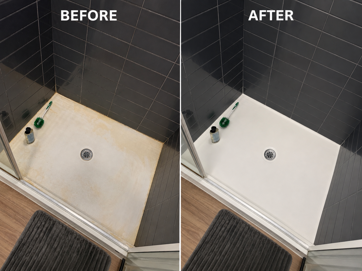 Before and after deep cleaning of a shower pan with hard water and soap scum removed